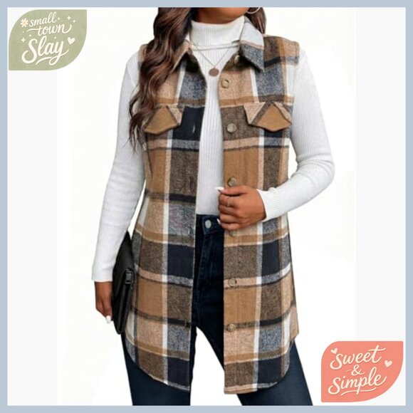 Women's Flannel Plaid Vest Jacket Fully-Lined Sleeveless Warm Casual Outerwear - Picture 5 of 7